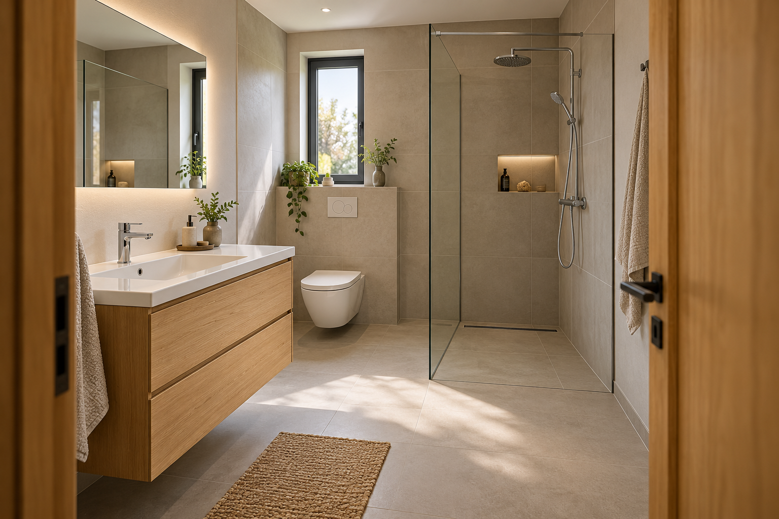 Gestaltungsbeispiel eines modernisierten Badezimmers mit Dusche und Waschtisch